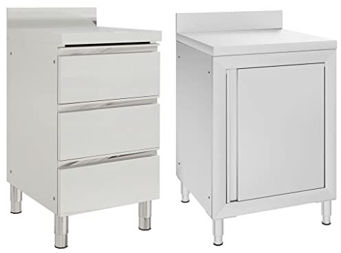 Hommdiy Gastro-Küchenschränke 2 STK.Schrank + Schrank mit 3 Schubladen Edelstahl mit Aufkantung Edelstahlschrank Arbeitsschrank Arbeitstisch Schrank Gastronomie Lagerschrank
