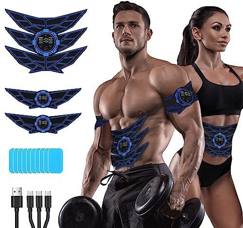 SEVEKO EMS Muscle Stimulator ABS Trainer, Men Women, Safty Effective Quick Full-body Workout 8 Modes & 15 Intensities, 10pcs Replacement Hydrogels, Blue
