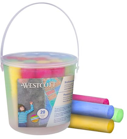 Westcott craie de rue | 20 craies de rue colorées pour enfants dans un seau de transport pratique | facilement lavable | convient pour l'asphalte, le tableau noir ou la pierre | E-744981 00