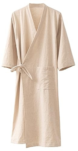 MOLUCI Men's Women's Cotton Linen Bathrobe Couples Japanese-Style Absorbent Quick-Drying Kimono Yukata Sauna Robe,Hemp,M