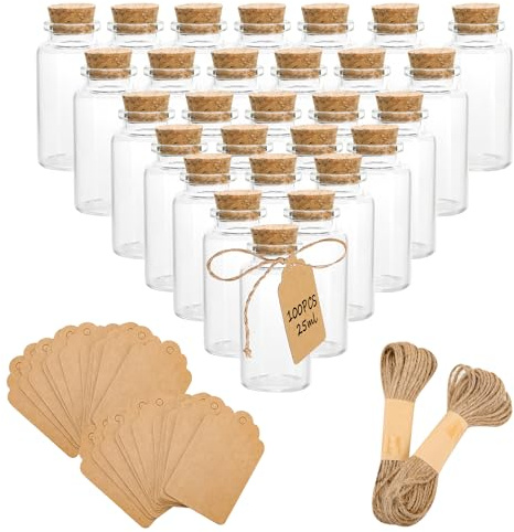 AZKEEGREY 100 Stück Mini Glasflaschen mit Korken 25ml | Mini-Glasflaschen Hochzeitsgeschenke, Kleine Wunschflaschen mit Korkverschluss Etiketten Schnur für Bastelarbeiten