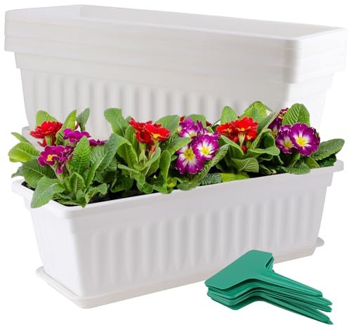 JOIKIT 6 fioriere in plastica bianca da 43 cm, vasi per fiori da esterno in plastica rettangolari, grandi fioriere da davanzale con vassoio rimovibile ed etichetta verde per piante per giardino