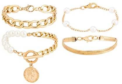 fdsmall Gold Chain Link Armband Set für Frauen: Real Gold überzogene Perlenarmband & Schlange Armband Paperclip Link Kette Armbänder Stapelbar - Trendy Schmuck für Frauen (02)