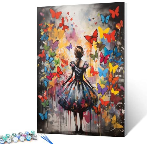 Walarky Ölgemälde mit Graffiti-Mädchen und Schmetterlingen, Kritzelhintergrund, DIY-Digital-Malset für Erwachsene, Anfänger, Banksy-Straßenkunst, Leinwand nach Zahlen, Gemälde, Handwerk, 40,6 x 50,8