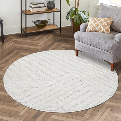 carpet city matta vardagsrum hög lugg grädde – 120 cm rund – högdjupt mönster, 3D-effekt ränder – sängmatta sovrumsmattor boho, Skandi