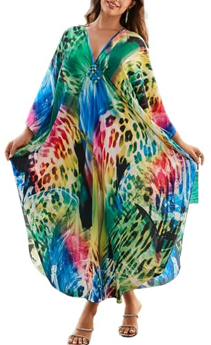 L-Peach - Caftano da donna con stampa bohémien, vestito da casa, camicia da notte, maxi, per la spiaggia, copricostume, Taglia unica