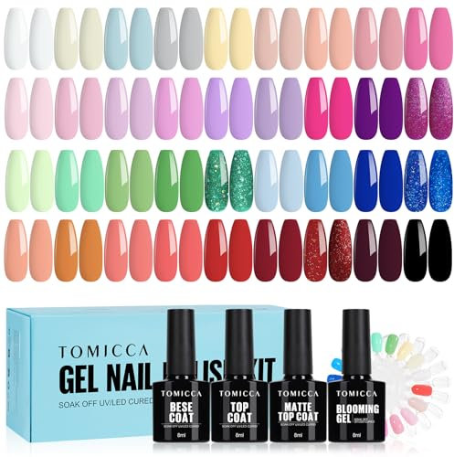 TOMICCA 40PCS UV Nagellack Set, 36 Farben Gel Nagellack Transparenter & 4PCS Base Top Coat Set mit Blooming Gel & Rund Nagel Display Nagel Tip Ausstellung, für Nagelstudio und DIY Home