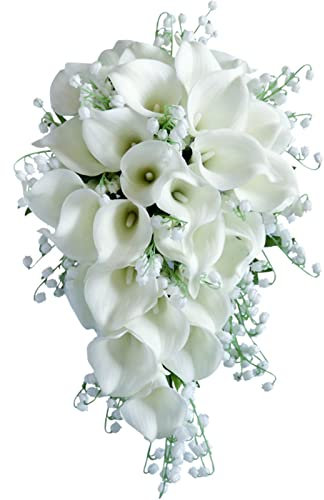 Fouriding Bouquet de lys calla artificiel blanc pour mariage, bouquet de mariée en forme de gouttes d'eau, bouquet de mariée, demoiselle d'honneur pour cérémonie, anniversaire, fête prénuptiale,