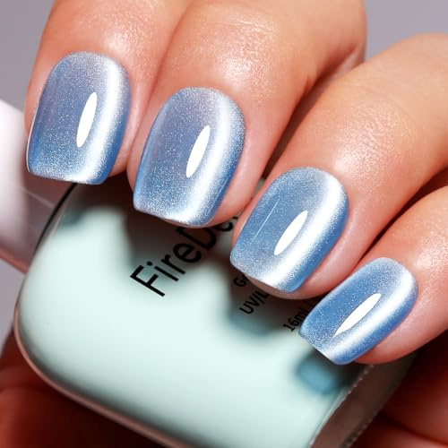 Firedeep Moonlight Blue Cat Eye Gel Nail Polish - 16ml Light Blue Holographic Shimmer UV/LED Gel Polish with Magnetic Stick