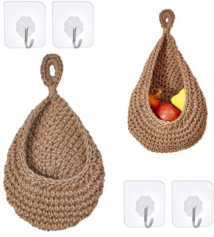 Zasvec Hängekorb 2 Stück Obstkorb Hängend Wandkorb Hängekorb Küche mit Haken Wandkorb Handgewebt Dekorativer Handgewebt Baumwollegewebe Obstkorb Aufbewahrungskörbe für Küche Obst Wandpflanzer