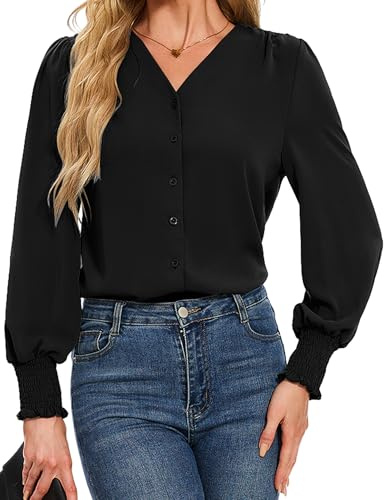 HANERDUN Damen Bluse Langarm Chiffon Oberteile Elegant V-Ausschnitt Shirts Einfarbig Lässige Hemdbluse Casual Blusenshirt Locker Arbeit Shirts Hemd für Frühling und Herbst