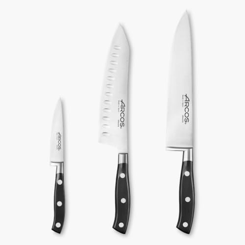 Arcos Serie Riviera - Juego Cuchillos Cocina 3 piezas (1 Cuchillo Mondador + 1 Santoku + 1 Cuchillo de Chef) - Hoja de Acero Inoxidable Forjado NITRUM - Mango de Polioximetileno (POM) - Color Negro
