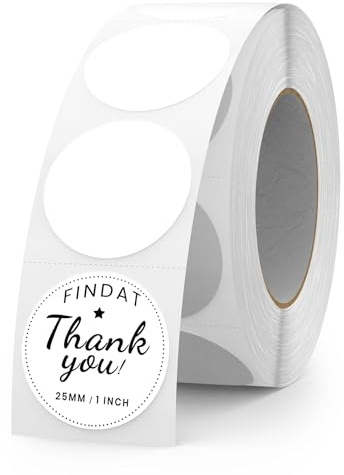FINDAT 500 Stück Weiß 25 mm Runde Thermo-Etiketten Rollen Selbstklebende Drucker-Etiketten Kreis Vinyl Wasserdicht Klebepunkte Aufkleber für Büro Logo Design QR Versand White
