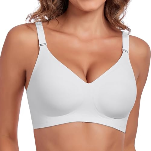 Litthing Comfort Seamless Bra Non Wired Push Up Adjustable Straps Padded Bras for Women Ladies Wireless Support V Neck Anti Sagging Breast Soft Sleep Everyday T Shirt Bralettes with Extender White