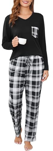 Sopesil Pyjama Femme Hiver Ensemble de Pyjama Chaud et Doux Col V à Manches Longue et Bas de Pyjama à Carreaux Vêtement de Nuit 2 Pièces pour Femmes avec Poches,S-XXL