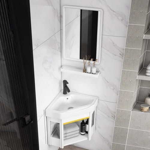 Mobile lavabo angolare per bagno e specchio a parete, moderno, vasca da bucato galleggiante, mensola portaoggetti, mobiletto angolare stretto, stazione lavamani sospesa per bagno, cucina, soggiorno(42