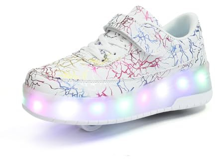 HUSKSWARE Rollschuhe,2 Rollen Skateboardschuhe,verstellbare multifunktionale Sportschuhe,USB-Lademodus, für Jungen und Mädchen, Weiß 34 EU.