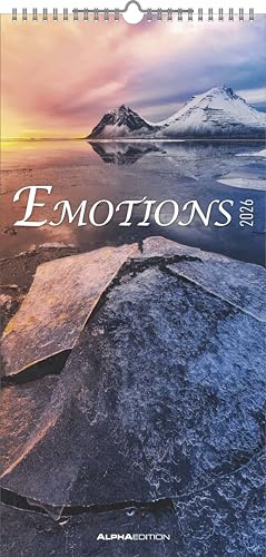 Alpha Edition - Emotions Kalender 2026 – Streifenplaner 22×45 cm mit Extraspalte für Geburtstage & Zitaten, meditative Landschaftsmotive, praktischer Terminplaner für Achtsamkeit: Worte der Besinnung
