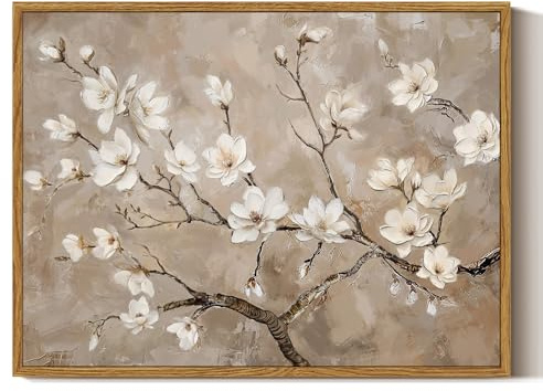 ARPEOTCY Leinwand Bilder mit Rahmen, 40 x 30cm, Blumen Wandbilder, Modernes Weiß Beige wand deko für Wohnzimmer Schlafzimmer Küche, Vintage Wanddekoration,klein