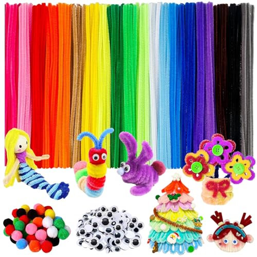 UNIANE 520 Stück Pfeifenreiniger zum Basteln, 400 Pfeifenputzer Chenilledraht Pfeifenputzer Bunt mit 120 Pfeifenputzer Zubehör Plüschbälle und Augen, Pipe Cleaner Set für DIY Basteln und Dekorationen