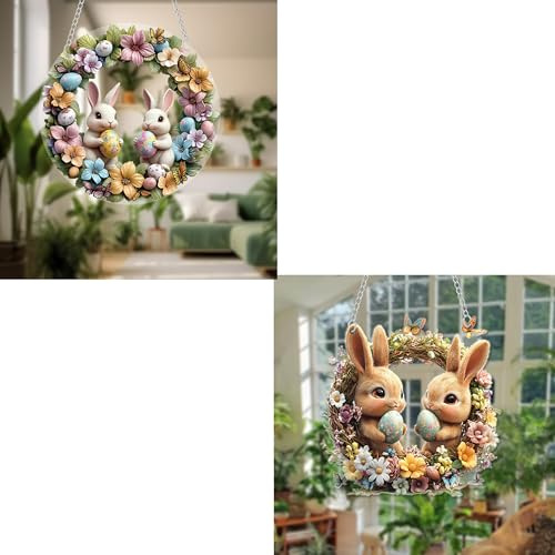Nlqhyrexion 2 Stück 2D Ostern Türschild, Osterdeko zum Hängen, Türdeko Haustür aus Acryl, Türkranz Frühling Deko Innen Außen, Hasendeko zum Aufhängen Fenster Wände Garten (Gelb und Lila)