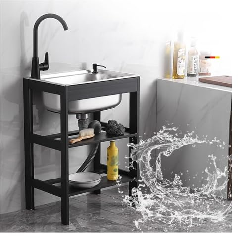 GLJTUO Stazione Lavamani Portatile, Lavello da Giardino per Esterni con Vasca Singola, Lavello da Cucina Commerciale in Acciaio Inossidabile con Ripiano Portaoggetti E Rub,Silver sink-B-52X38X18CM