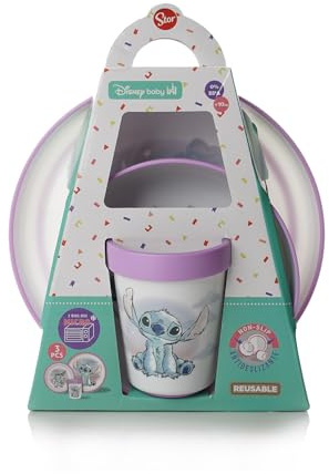 STOR Set Pappa Bimbi Antiscivolo Stitch - 3 Pezzi Piatto Ciotola Bicchiere 260ml - Plastica Microonde - Disney Baby