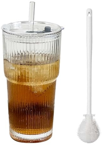 DecorDwell 600ml Tazas de Vidrio con Tapas y Pajitas, Tazas de Café Helado, Vaso Para Batidos de Cristal, para Cócteles Whisky Cerveza Café Helado Refrescos Zumos（con Cepillo de Taza）