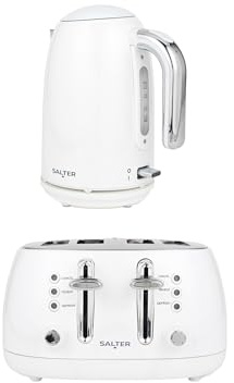 Salter Boston Kettle & Toaster Set – 1.7L Fast Boil Kettle, Limescale Filter, 4-Slice Wide Slot Toaster, Toast Thick Bread, High Lift Eject, Blue Indicator Lights, 3kW/1960W, Ice White Shimmer Finish