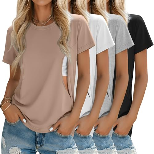 Oakgarden 4 Pack Women's Nursing Breastfeeding Shirts with Zipper Loose Fit Short Sleeve Maternity Top Nursing Clothes(Khaki, White, Light Gray, Black,Medium)
