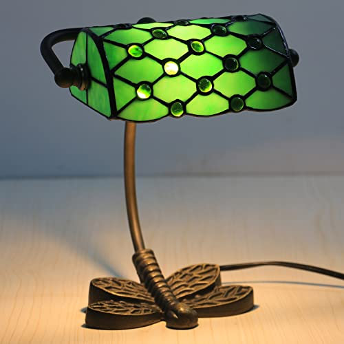 Lampe de banquier verte de style Tiffany - Lampe de table rétro en verre teinté - Lampe de bureau classique pour étude - Éclairage élégant pour la maison et le bureau - Décoration vintage