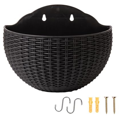 QTQHOME Imitation Rattan Wall Planters 2-Pack - Outdoor Semicircle Hanging Baskets with Drainage Holes & Hooks,Plastic Garden Flower Pots for Balcony/Fence Decor(Big+Small, Black)