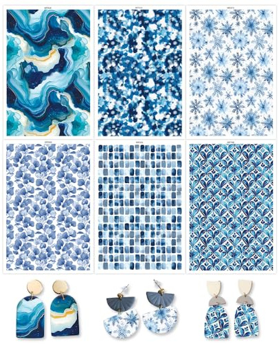 BAOFALI 12 Sheets Blue Flowers Transfer Paper for Polymer Clay, Blue Series 6 Different Background Print Polymer Clay Transfer Paper for DIY Art Jewelry Earrings Making 5.82X3.93 inch