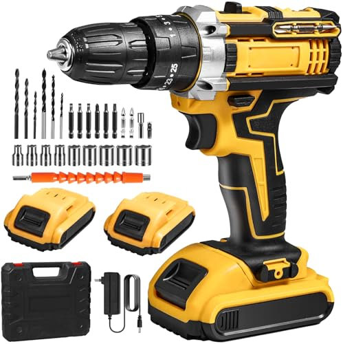 Taladro atornillador inalámbrico de 28 V, taladro eléctrico inalámbrico con 2 baterías + 24 accesorios, 25+3 ajustes de par, lámparas LED, taladro para bricolaje (18 V)