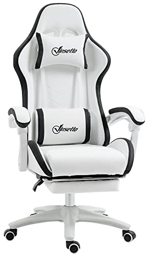 Vinsetto Sedia da Gaming Ergonomica in Pelle PU e Acciaio con Poggiatesta e Altezza Regolabile, Poltrona Gaming con Schienale Reclinabile e Cuscino Lombare, 65x65x121-129 cm, Bianco e Nero