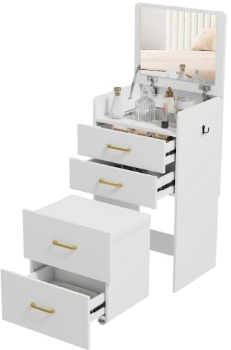 HOMCOM Two Piece Dressing Table with Flip Top Mirror, Rolling Stool White