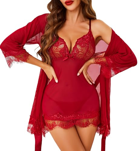 Lovasy Lingerie for Women Sets Mesh Babydoll with Robe Nighties Nightdress