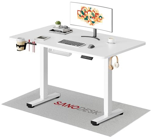 SANODESK QS+ 110 x 54 cm Escritorio Elevable Eléctrico Toda la Junta, con Portavasos, Ganchos, Caja de Cables, Altura Ajustable Telescópica con Memoria y Tecnología Anticolisión (Blanco)