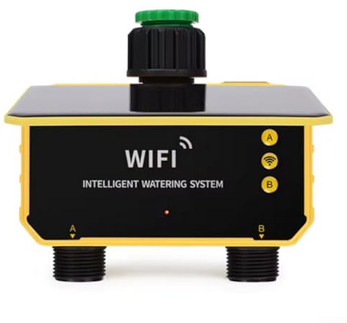 Timer intelligente WiFi per irrigazione solare, con sensore di pioggia, sistema di irrigazione da giardino, controllo automatico, con pannello solare, ricarica USB per prato e patio (2 uscite)