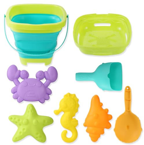 8 PCS Kids Foldable Pail Seabeach Sand Toys Sensory Playset, Portable Sandbox Digging Toys Including Bucket, Shovel, Spoon, 2 in 1 Shell Shark Teeth Sifter & Castle Building Sand Mold Kit for Children