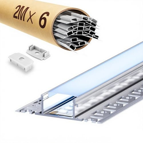 KOSOOM 6 LED Fliesenprofil 2m ohne Vorfräsung, Einfache Montage Flächenbündiges LED Unterputzprofil für Led Streifen bis 20 mm, Inkl. Abdeckung & Endkappen