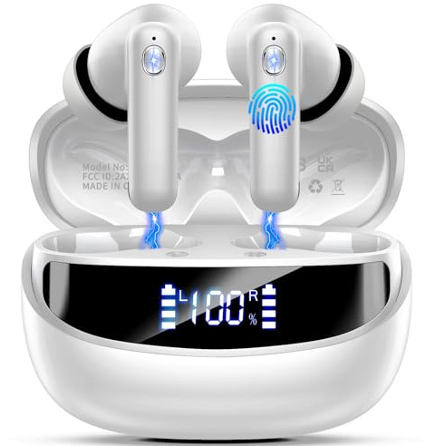 Cuffie Bluetooth, Auricolari Bluetooth 5.4 con 4 ENC Mic, 2025 Cuffiette Bluetooth In Ear Stereo HiFi, 45 Ore Cuffie Senza Fili con LED Display, Cancellazione Rumore , IP7 Impermeabili, Touch Control