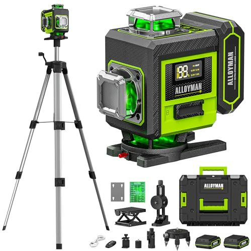 Alloyman Laser Level with Tripod, 4 × 360° Self Leveling Laser Level, Nivel Laser Green Line Lazer Leveler Tool for Picture Hanging, Home Renovation, Indoor Project, 2*Battery&Carrying Bag Included