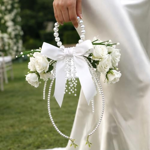 Novabright White Rose Bridal Bouquet with Pearl Handle, Bridal Pearly Bouquet with Flowers with Pearl Bead for Wedding Party Church Bridesmaid(White Rose)