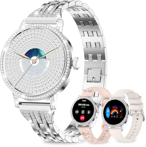 fitonyo Smartwatch Damen mit Telefonfunktion Diamant,1,27 HD Smartwatch Bluetooth-Anrufe,3 Armbänder,SpO2/Blutdruck/Schlaf/Schritte/Kalorien,120 Sportmodi IP68 Fitnessuhr für Android & iOS,Silber