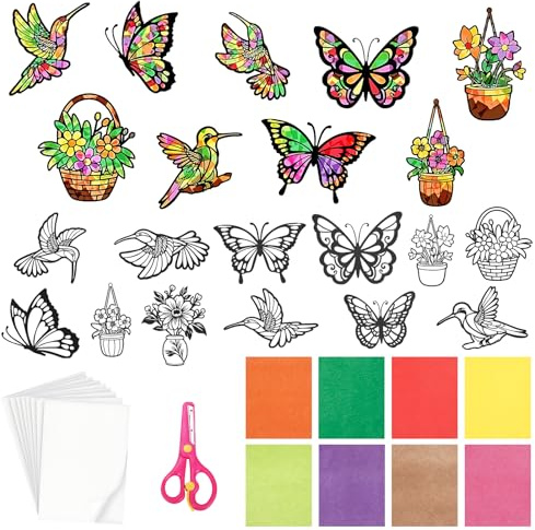 12 Piezas Manualidad Pegatina Ventana,Manualidad Niños de Ventana de Primavera,Juego de Manualidades para Ventanas,incluye Flores,Pájaros,Mariposas y Otros Motivos,Decoraciones Primavera