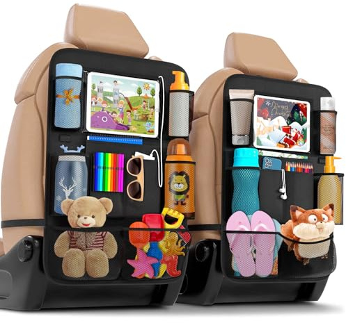 ACELIFE Car Organiser for Kids, Backseat Car Organiser with 10 iPad Tablet Holder, Kick Mat Back Seat Protector,9 Pockets Car Tidy Storage for Bottles Toys Books,Car Accessories for Toddlers 2 Pack