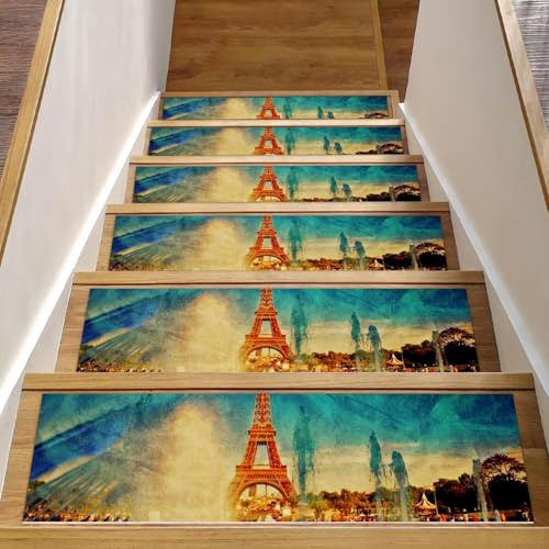 RODAILYCAY Confezione da 15 tappetini per scale con vista sulla Torre Eiffel, antiscivolo, per gradini in legno, tappeti per scale da interni, tappetini di sicurezza per anziani, bambini e cani