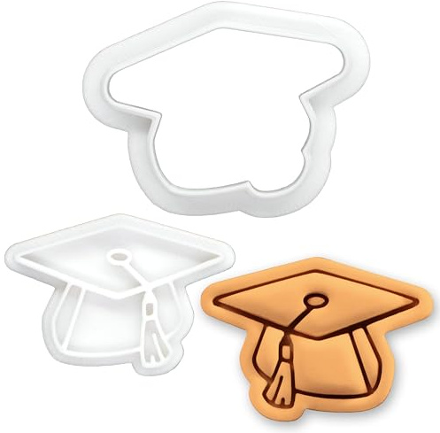 BAKERLOGY Doktorhut Mini Ausstechform & Stempel Set – Abschluss Kappe Keksausstecher für Schulabschluss, Uni Feier & DIY Tortendeko