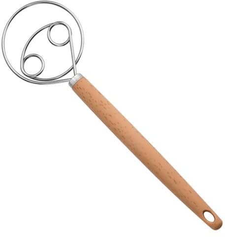 1 PCS Dough Whisk, Danish Dough Whisk, Whisks Egg Beater with Wooden Handle Mixer Stainless Steel Double Holes, Bread Making Tools for Pastry, Baking Cake, Dessert, Sourdough